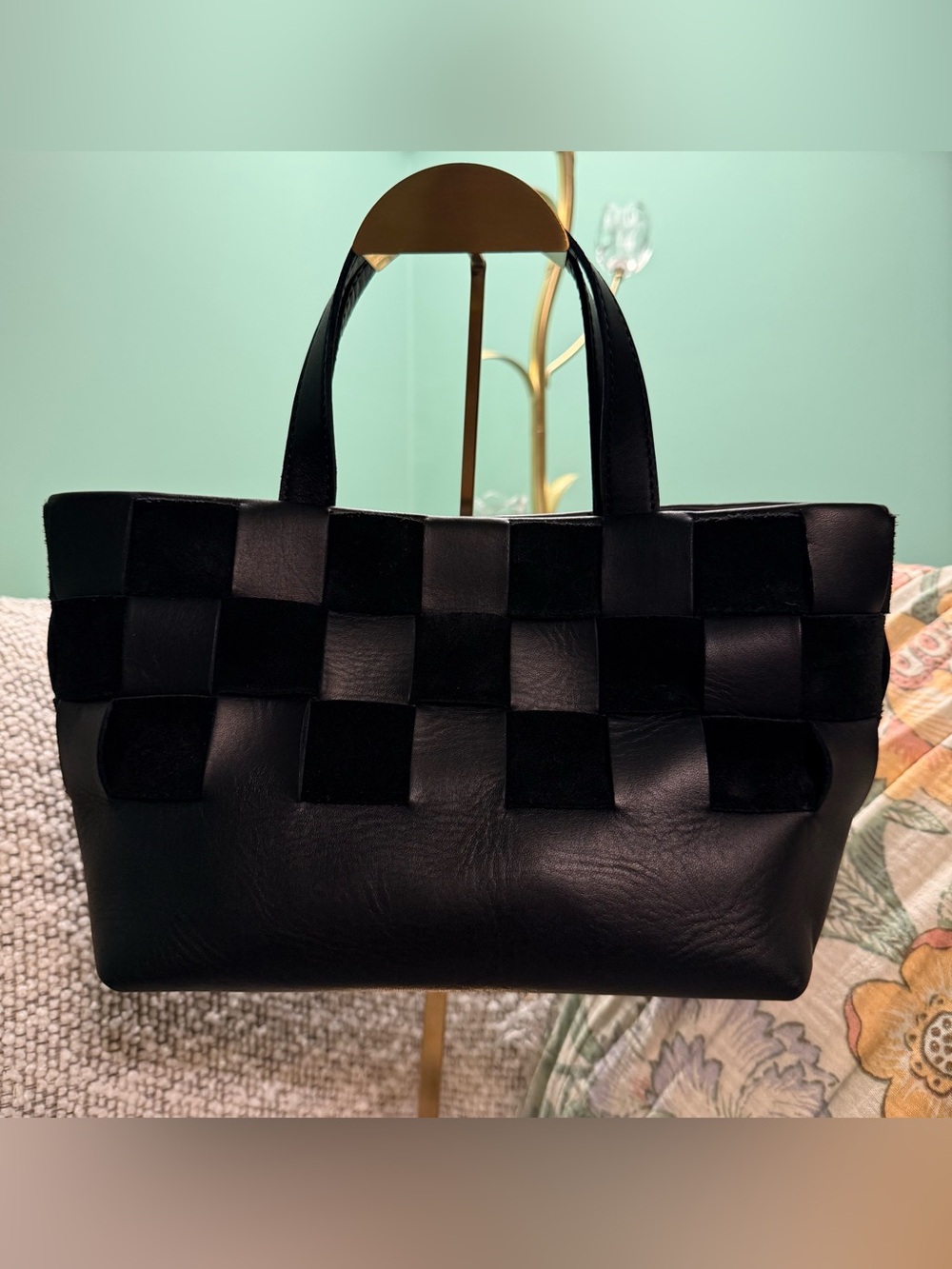 Madewell The Basketweave Mini Crossbody Tote In Leather And Suede - Black